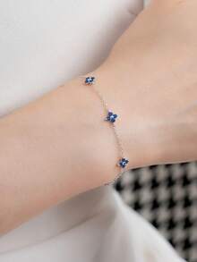 BALMORA 1pc 925 Sterling Silver Elegant Cute Blue Flower Zirconia Chain Bracelet, Suitable For Women's Daily Wear, Friendly Gatherings Or As A Gift - Silver - View 4