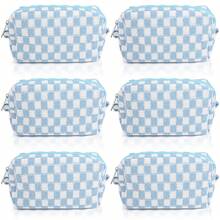 Checkered Makeup Bag Preppy Cosmetic Bag Bulk Blue Makeup Pouch Travel Toiletry Bag Organizer Cute Makeup Brushes Storage Bag Women Fashion - 柔白 - 查看 9