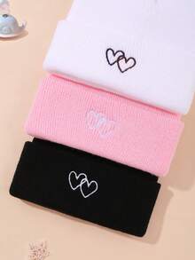 3 Piecesfashionable Combination Of Children's Solid-Color Autumn And Winter Warm Knitted Caps Features A Heart-Shaped Embroidery Design That Can Be Hand-Washed And Worn In Daily Life. It Is Suitable For Children To Keep Warm And Play Outdoors