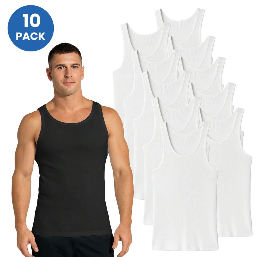 5, 10, 15-Pack Men's Ribbed Classic Tank Tops (Sizes, S To 2XL) - 白色 x10 - 查看 1