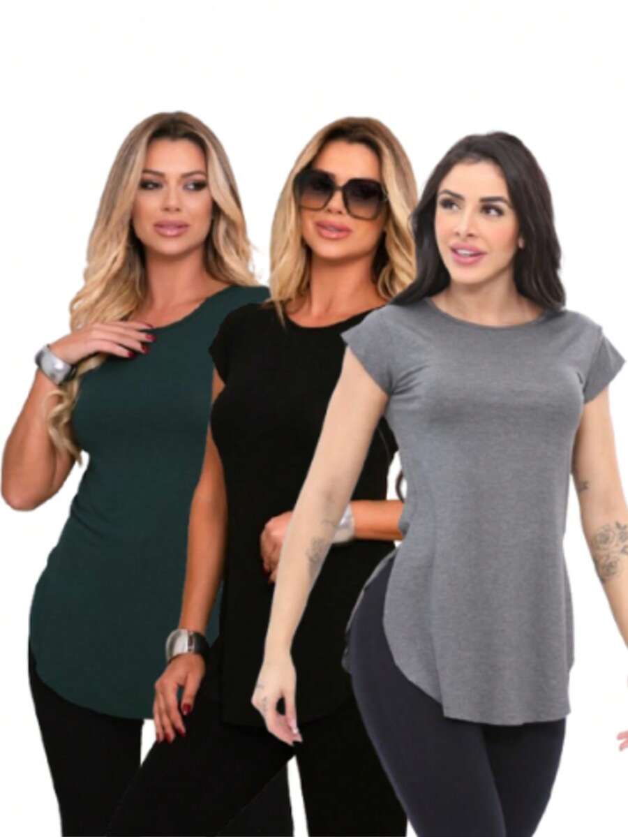 Kit 3 Women's Gym Tops With Long Butt Cover - 軍綠色 - 查看 1