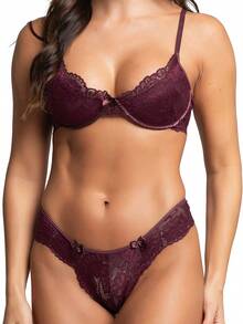 Lace Lingerie Set: Underwired Bra With Lining And Veronica Thong Panties - 酒紅色 - 查看 3