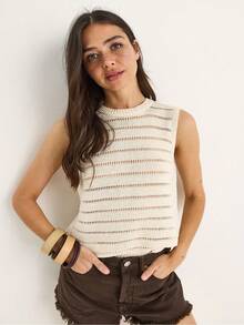 女款圓領鏤空基本款針織襯衫 20258009 - 奶油色 - 查看 2