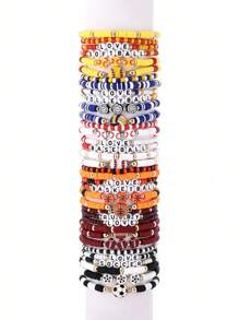 9pcs/Set Stackable Elastic Bracelets For Women, Sports Soft Ceramic & Beaded Soccer Fan Jewelry, Suitable For Daily And Sports Use (Bead And Soft Ceramic Colors Random - No Card Paper)