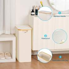 带盖洗衣篮，窄型洗衣篮，带可拆卸袋，纤细脏衣篮，带竹制提手，适用于浴室、卧室和洗衣房 - 白色 - 查看 6
