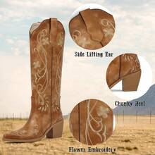Cowboy Boots For Women Knee High Cowgirl Boots, Western Boots With Floral Embroidered Pointed Toe Chunky Heel Pull On Retro Vintage Classic Tall Boots For Ladies - 棕色 - 查看 6