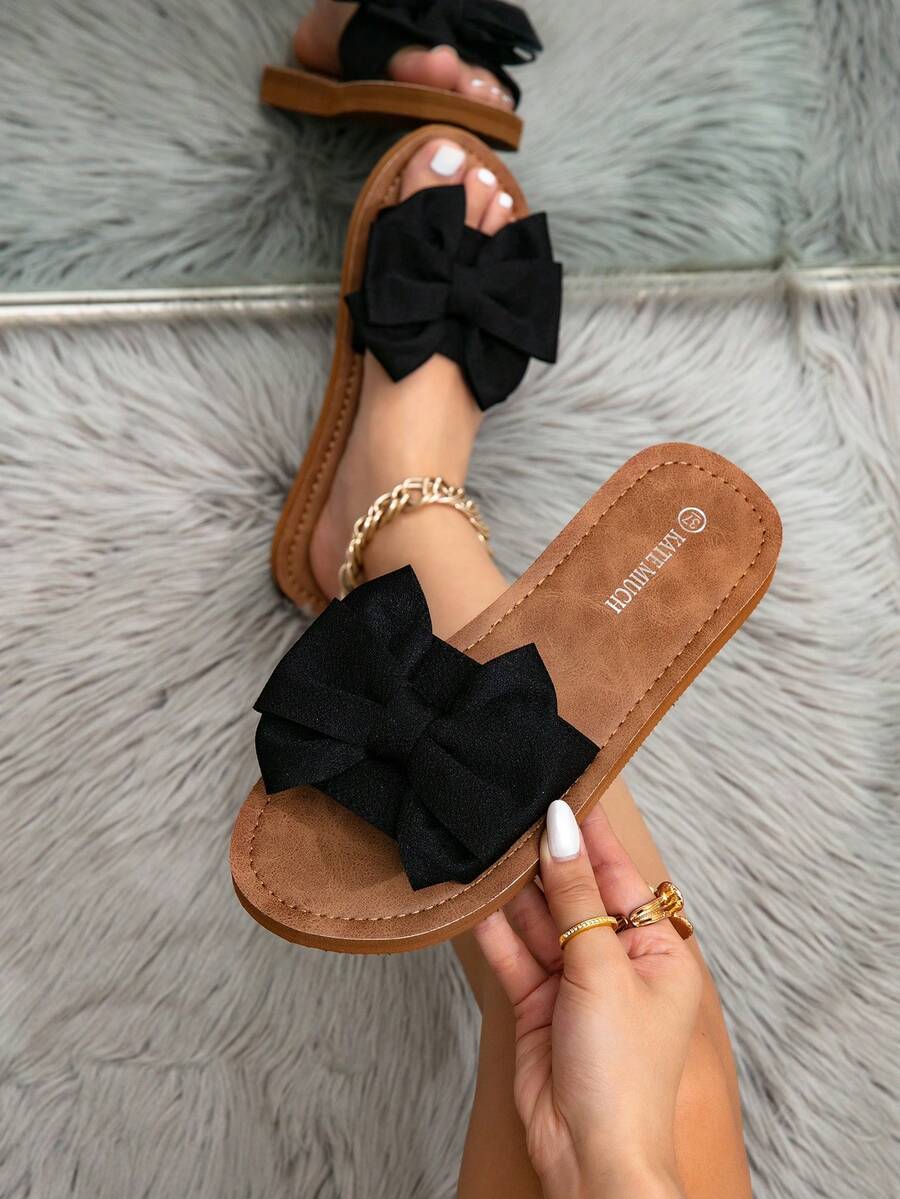 Women's Retro Cute Bow Decor Flat Sandals In Black & Brown, Suitable For Spring/Summer; Women's Casual Slip-On Flat Mules In Black, Suitable For Beach, Travel, Date, Party; Women's Strap Flat Slide Sandals, Suitable For Beach, Travel, Date, Party