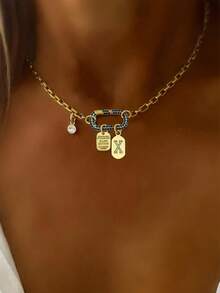 1 chiếc vòng cổ STYLEVER mạ vàng chữ cái A-Z 26 chữ, dây chuyền khóa hình bầu dục đính kim cương nhiều màu sắc với hạt vàng, dây thép không gỉ, kiểu dáng thanh lịch độc đáo. - vàng - Xem 5