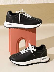 scarpe sportive casual con suola spessa, punta tonda e lacci, comoda e adatta a studenti - nero - Visualizzare 2