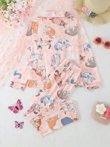 2 件套女孩和青少年休闲卡通猫印花翻领长袖开衫和裤子睡衣套装，阻燃，适合所有季节 - 彩色 - 查看 2