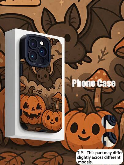 1pc Halloween Pumpkin & Bat Pattern Vertical Striped High-End Faux Leather Anti-Fall Anti-Fingerprint Shockproof Phone Case Compatible With Apple And Models