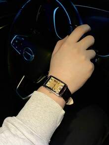 1pc Unisex Stylish Rectangular Roman Numeral Dial Quartz Wrist Watch - Black - View 4