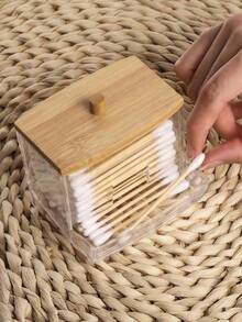 1 Stück klarer Acryl Wattestäbchen Halter mit elegantem Holzdeckel - schlanker Badezimmer Organizer Behälter für Wattestäbchen & Pads, robuster Kunststoff Make-up Aufbewahrungsbehälter