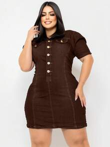 Plus Size Denim Dress With Puff Sleeves And Lycra - 鏽棕色 - 查看 1