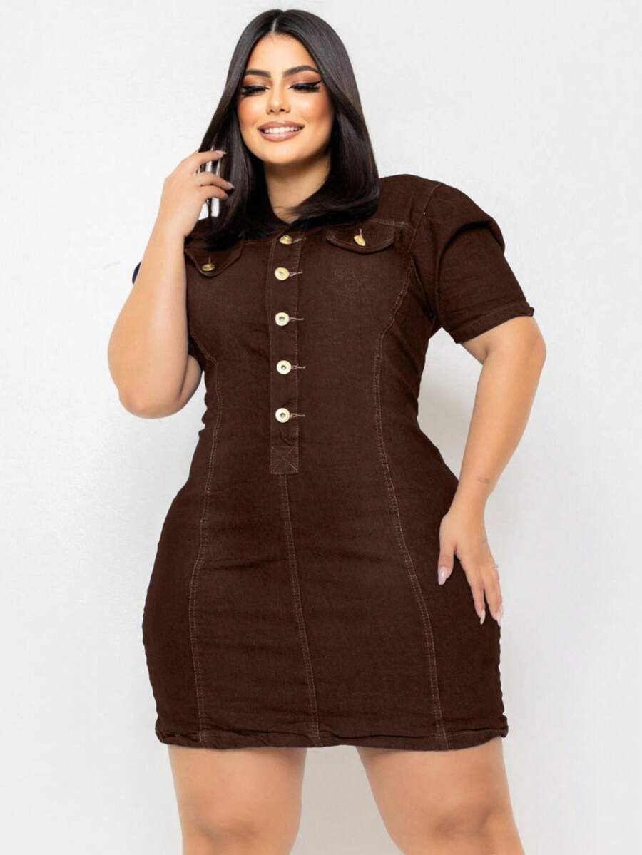 Plus Size Denim Dress With Puff Sleeves And Lycra - 鏽棕色 - 查看 1