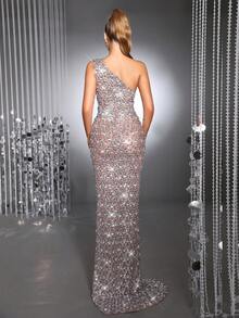 Abito lungo elegante da donna per cerimonie formali, banchetti e feste, realizzato a mano con brillantini di lusso, con spalla scoperta, senza maniche, con spacco alto e rete, adatto come abito da damigella d'onore per matrimoni