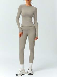 NcmRyu 1 Set Women's Stretchy Tight Dancewear Fitness Yoga Outfit For Outdoor Sports - Grey - View 9