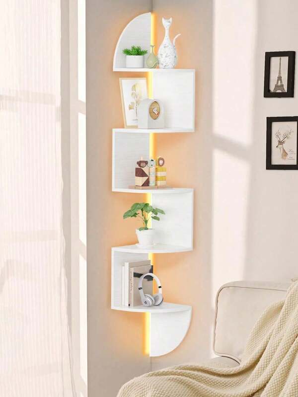 1pc Wall Mount Storage Rack, Creative 5-Tier Semicircle Corner Shelves Wall Hanging Bookshelf (No Light Strip Included)