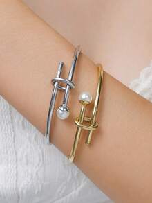 1pc Elegant Casual Faux Pearl Decor Stainless Steel Bangle Easily Matched Cuff Bracelet Classic Golden Or Silvery Jewelry Accessories For Women For Daily Wear