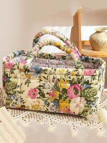 Floral Pattern Storage Basket Women Quilted Floral Laundry Baskets Small Storage Bin Laundry Organizers Easy Carry Handles Hampers Travel Tote Bag - Multicolor - View 4