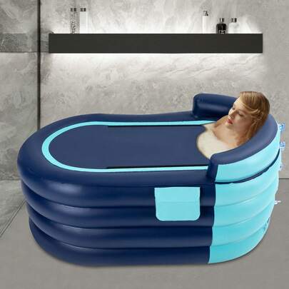 Rectangular Inflatable Bathtub, 33.07x55.11x29.13in, Blue PVC Material, 4 Chambers, 220lbs Load-Bearing Capacity, With Shower Cover And Wireless Inflation, For Adults