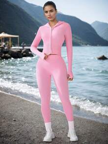 Ensemble sweat-shirt à capuche zippé et pantalon ajusté à la taille pour femmes, couleur unie - Rose bonbon - Voir 5