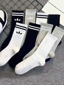 1/3/6/9 双黑/白/灰条纹男女通用中筒袜，适合户外活动，中筒休闲袜，男女通用冬季袜子，高筒袜，秋季 - 彩色 - 查看 6