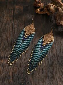 手工串珠耳环，波西米亚风格复古耳环，复古色长流苏吊坠耳环，女士时尚配饰，适合日常佩戴、节日、感恩节、情人节礼物 - 藍金色 - 查看 3