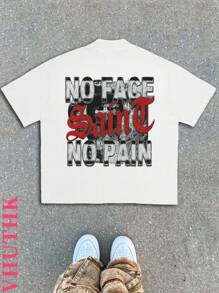 VHUTHK Double Sided Printed (220 Cotton T-Shirt) Letters "SAINT" And Eye Print Men's Summer Round Neck Short Sleeved Casual Cotton Print