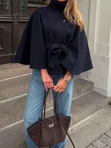 Manteau en laine à boutons devant et ceinture à la taille pour femmes, style décontracté et sortie, manteau d'automne/hiver - bleu indigo - Voir 2