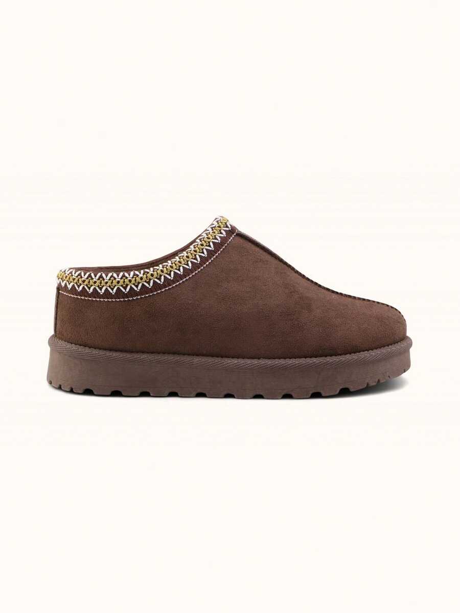 Women's Winter Warm Embroidered Mules Plus Fleece Slippers - Brown - View 1