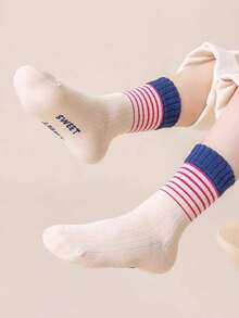 5 Pairs Girls' Colorful Striped Crew Socks (Ages 3-12) - Soft, Comfortable And Versatile Mid-Calf Socks For Girls, Suitable For Sports, Travel And Daily Wear