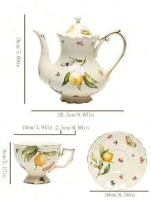 Set de cești și farfurioare vintage la modă, decorate cu pădure și lămâie, pictate manual cu ornamente aurii pe marginea ceștii, mâner și marginea farfurioarei; ceainic ceramic retro de înaltă calitate; disponibil în modele de lămâie, fluturi și insecte multicolore și florale, emanând o atmosferă sofisticată și elegantă.