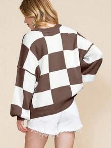 1pc Brown Contrast Plaid Knit Pullover Sweater, Plus Size Basic Long Sleeve Top, Plus Size Women Autumn/Winter Casual/Business Outerwear - Coffee Brown - View 3