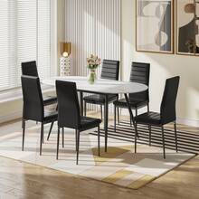 White Marble Table + 6 Black PU Chairs