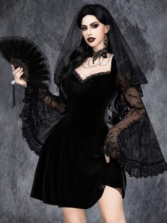 Ladies' Gothic Sexy And Elegant Halloween Ghost Bride Party Role Play Witch Costume, Lace Trim Velvet Dress