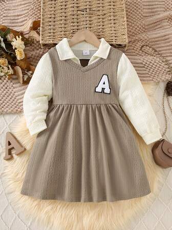 1pc Girls Casual "A" Letter Soft Comfortable Jacquard Knit Long Sleeve Dress, Suitable For Outdoor Wear, Autumn/Winter