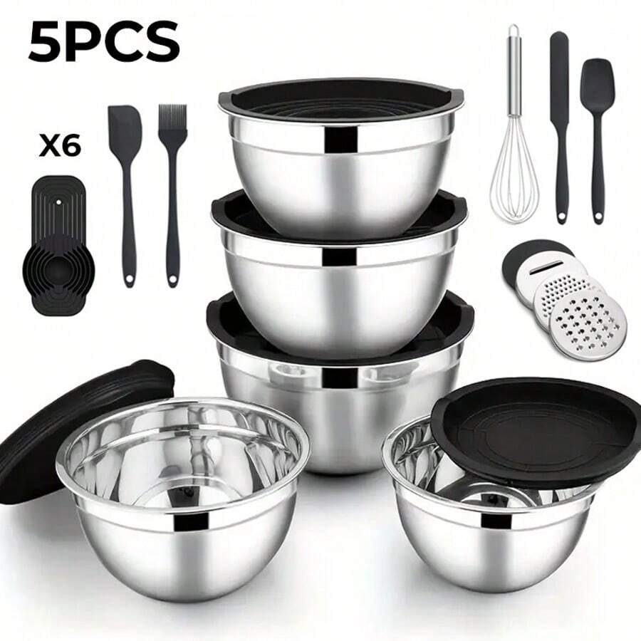 19-Piece Stainless Steel Kitchen Utensil Set – Multifunctional Mixing Bowls With Lids, Salad Bowl, Egg Mixing Bowl, Salad Mixing Bowl, And Storage Bowl! Ideal For Storing Fruits And Vegetables – Perfect For Home Kitchens! - 黑色 - 查看 1
