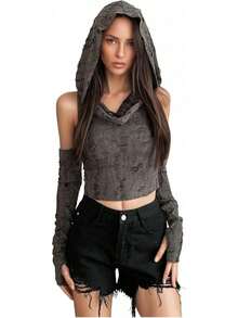 Women's Ripped Hoodie Sweater Vest Hollow Out Hooded Crop Top Knit Pullover Streetwear With Oversleeve - 白色 - 查看 8