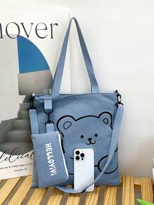 Canvas Tote Bag, Cartoon Print, Suitable For Students, Shoulder Bag, Crossbody Bag, Versatile, Large Capacity Backpack - Grey - View 3