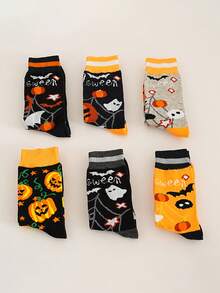 3 Pairs Halloween Pumpkin, Ghost, Spider Web Printed Mid-Calf Socks, Unisex Casual Gifts, Fall