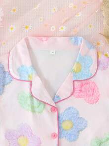 2件套女童休闲卡通印花翻领长袖开衫和长裤睡衣套装，阻燃，四季皆宜 - 粉色 - 查看 4