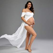 Maternity Off-Shoulder Split Solid Color Ruffle Crossover Dress, Photoshoot Wear - White - View 7