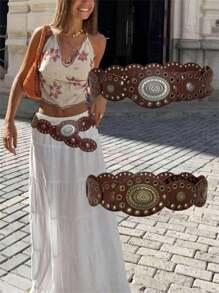 1 Peça Cinto de Cintura Vintage Estilo Americano Oco de Couro PU Boêmio Casual, Cinto de Cintura Retrô Punk Cowgirl Distressed com Fivela Rebitada, Versátil para Vestidos, Adequado para Férias, Encontros, Feriados