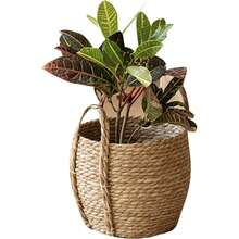 Versatile cestino portavasi in rattan e paglia intrecciata per piante, adatto per soggiorno, balcone, giardino, decorazione, leggero e con manico, per uso interno ed esterno