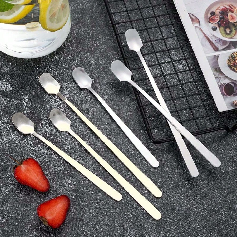 6-12件/套不锈钢咖啡勺，坚固的搅拌勺，冰淇淋勺，长柄，方头勺，时尚长柄勺，调味小勺，咖啡勺，燕窝蜂蜜勺，礼品勺 - 銀色 - 查看 1