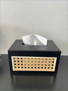 Wooden Tissue Box With Rattan Woven Tabletop, Wooden Tissue Paper Storage Box, Suitable For Living Room And Dining Room Tissue Box.