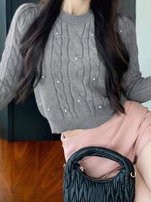Women's Winter Sweater For Casual Outfits, Cable Knit Crew Neck Cropped Fit, Textured Knit Long Sleeve, Grey Pearl Embellished Elegant Pullover - Grey - View 3