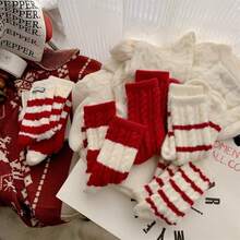 1 Pair Winter & New Year Wool Blend Striped Mid-Calf Socks For Women, Warm & Soft Fleece Lined Christmas Red Socks - Multicolor - View 3