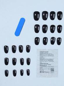 Instantly Upgrade Your Look! This 24pcs Set Of Black Oval Short Glossy Color Press-On Nail Strips, Paired With Macaron Candy Color Acrylic Nails, Includes 1pc Gel And 1pc Nail File, Suitable Women And Girls Daily Work, Study And Party Use. - 淺藍色 - 查看 7